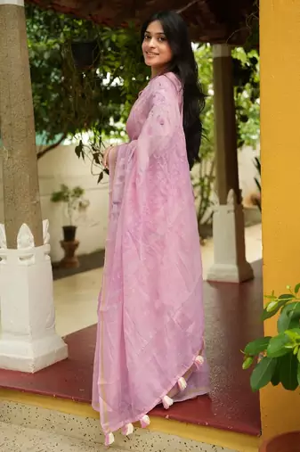Mirchi fashion women's lavender floral printed cotton blend saree with unstitched blouse piece