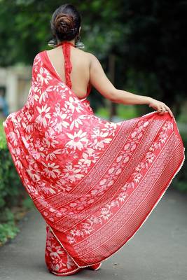 Mirchi fashion women's coral red floral printed chiffon saree with unstitched blouse piece 5