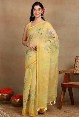 Mirchi fashion women's yellow floral printed cotton blend saree with unstitched blouse piece 1