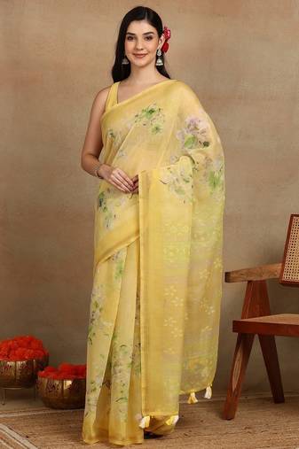 Mirchi fashion women's yellow floral printed cotton blend saree with unstitched blouse piece
