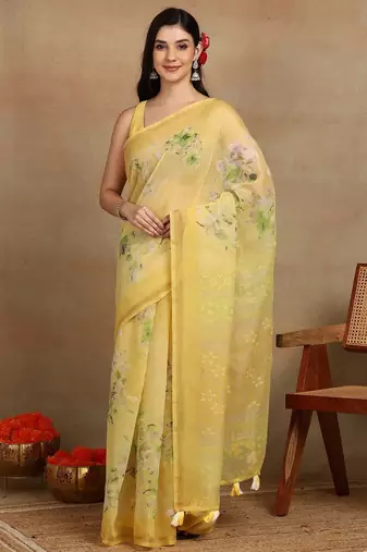 Mirchi fashion women's yellow floral printed cotton blend saree with unstitched blouse piece