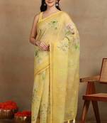Mirchi fashion women's yellow floral printed cotton blend saree with unstitched blouse piece