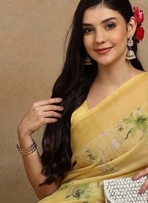 Mirchi fashion women's yellow floral printed cotton blend saree with unstitched blouse piece 2