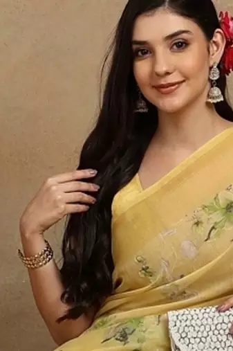 Mirchi fashion women's yellow floral printed cotton blend saree with unstitched blouse piece