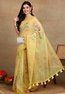 Mirchi fashion women's yellow floral printed cotton blend saree with unstitched blouse piece 3