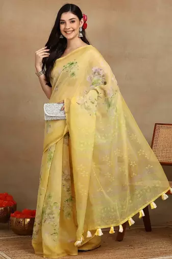 Mirchi fashion women's yellow floral printed cotton blend saree with unstitched blouse piece