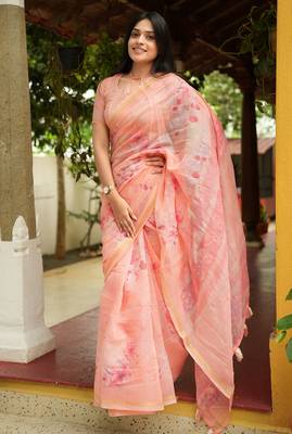 Mirchi fashion women's orange floral printed cotton blend saree with unstitched blouse piece 1