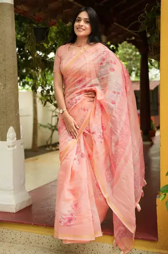 Mirchi fashion women's orange floral printed cotton blend saree with unstitched blouse piece