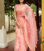Mirchi fashion women's orange floral printed cotton blend saree with unstitched blouse piece