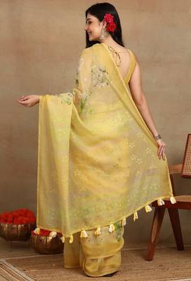 Mirchi fashion women's yellow floral printed cotton blend saree with unstitched blouse piece 4