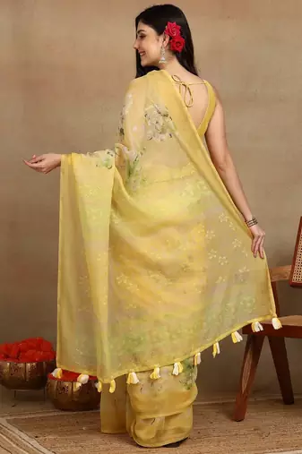 Mirchi fashion women's yellow floral printed cotton blend saree with unstitched blouse piece