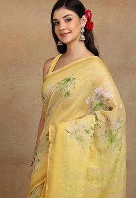 Mirchi fashion women's yellow floral printed cotton blend saree with unstitched blouse piece 5