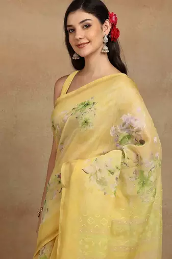 Mirchi fashion women's yellow floral printed cotton blend saree with unstitched blouse piece