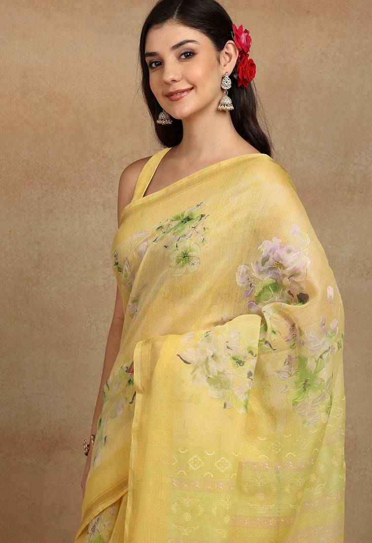 Mirchi fashion women's yellow floral printed cotton blend saree with unstitched blouse piece