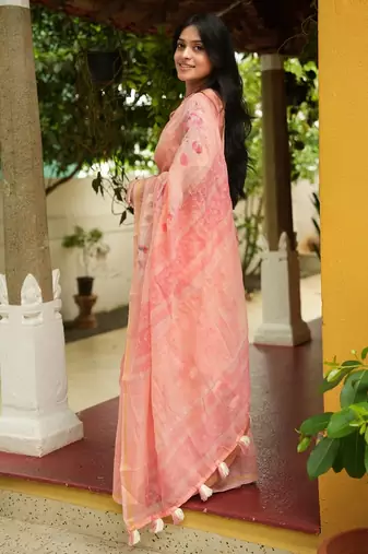 Mirchi fashion women's orange floral printed cotton blend saree with unstitched blouse piece