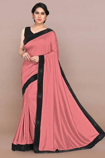 Mirchi fashion women's peach pink woven work lace border lycra saree with unstitched blouse piece