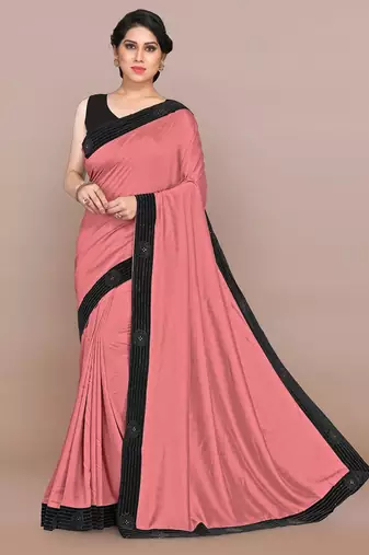 Mirchi fashion women's peach pink woven work lace border lycra saree with unstitched blouse piece