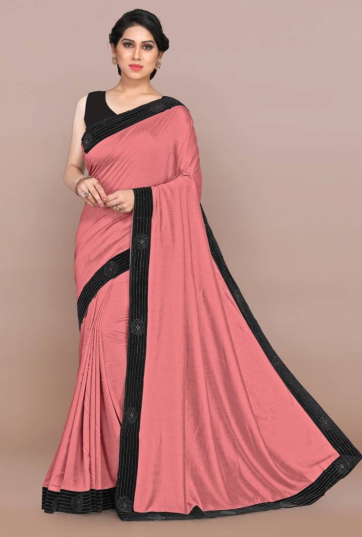 Mirchi fashion women's peach pink woven work lace border lycra saree with unstitched blouse piece