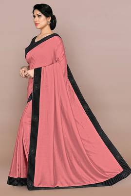 Mirchi fashion women's peach pink woven work lace border lycra saree with unstitched blouse piece 2