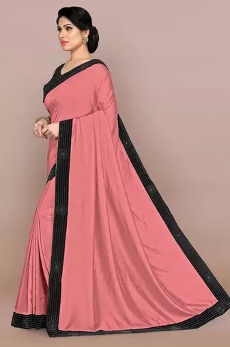 Mirchi fashion women's peach pink woven work lace border lycra saree with unstitched blouse piece