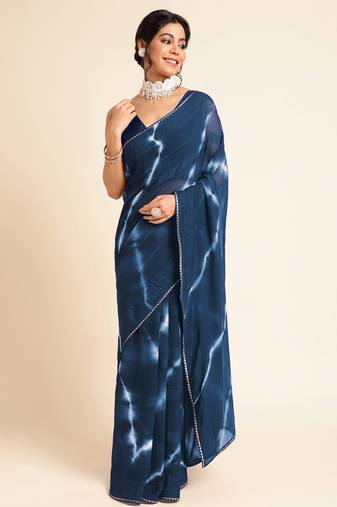 Mirchi fashion women's blue shibori gotta patti chiffon saree with unstitched blouse piece