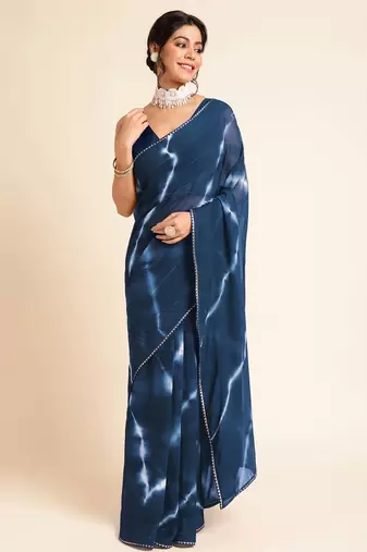 Mirchi fashion women's blue shibori gotta patti chiffon saree with unstitched blouse piece