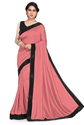 Mirchi fashion women's peach pink woven work lace border lycra saree with unstitched blouse piece 3