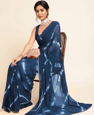Mirchi fashion women's blue shibori gotta patti chiffon saree with unstitched blouse piece 2