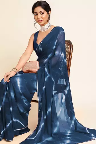 Mirchi fashion women's blue shibori gotta patti chiffon saree with unstitched blouse piece