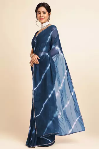 Mirchi fashion women's blue shibori gotta patti chiffon saree with unstitched blouse piece