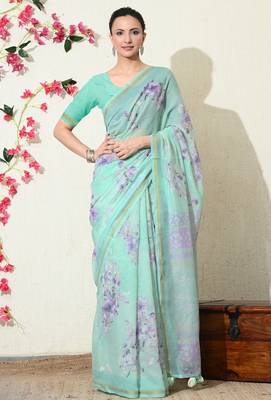 Mirchi fashion women's green floral printed cotton blend saree with unstitched blouse piece 1