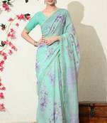 Mirchi fashion women's green floral printed cotton blend saree with unstitched blouse piece