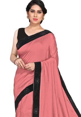 Mirchi fashion women's peach pink woven work lace border lycra saree with unstitched blouse piece 4