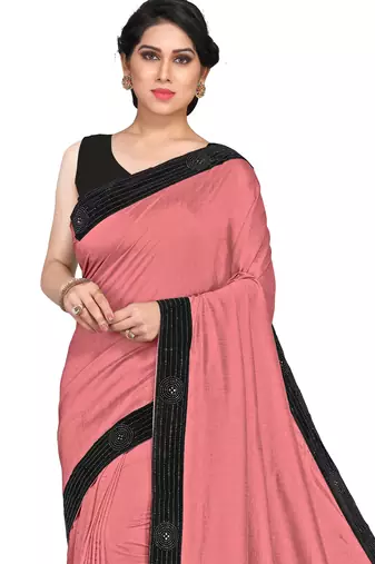 Mirchi fashion women's peach pink woven work lace border lycra saree with unstitched blouse piece