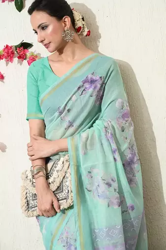 Mirchi fashion women's green floral printed cotton blend saree with unstitched blouse piece