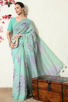 Mirchi fashion women's green floral printed cotton blend saree with unstitched blouse piece 3