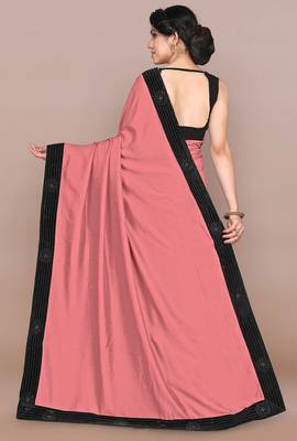 Mirchi fashion women's peach pink woven work lace border lycra saree with unstitched blouse piece 5