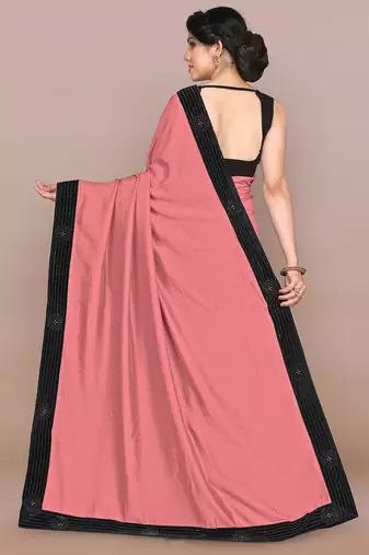 Mirchi fashion women's peach pink woven work lace border lycra saree with unstitched blouse piece