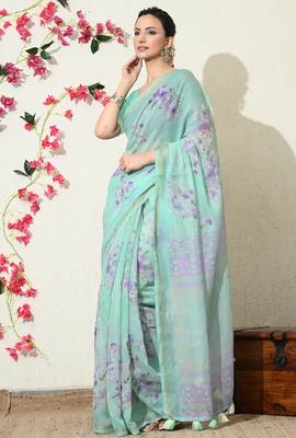 Mirchi fashion women's green floral printed cotton blend saree with unstitched blouse piece 4