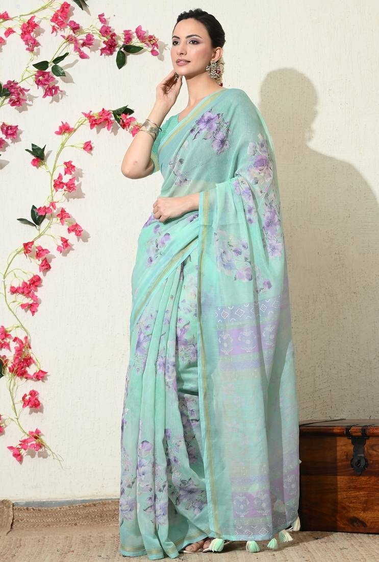 Mirchi fashion women's green floral printed cotton blend saree with unstitched blouse piece