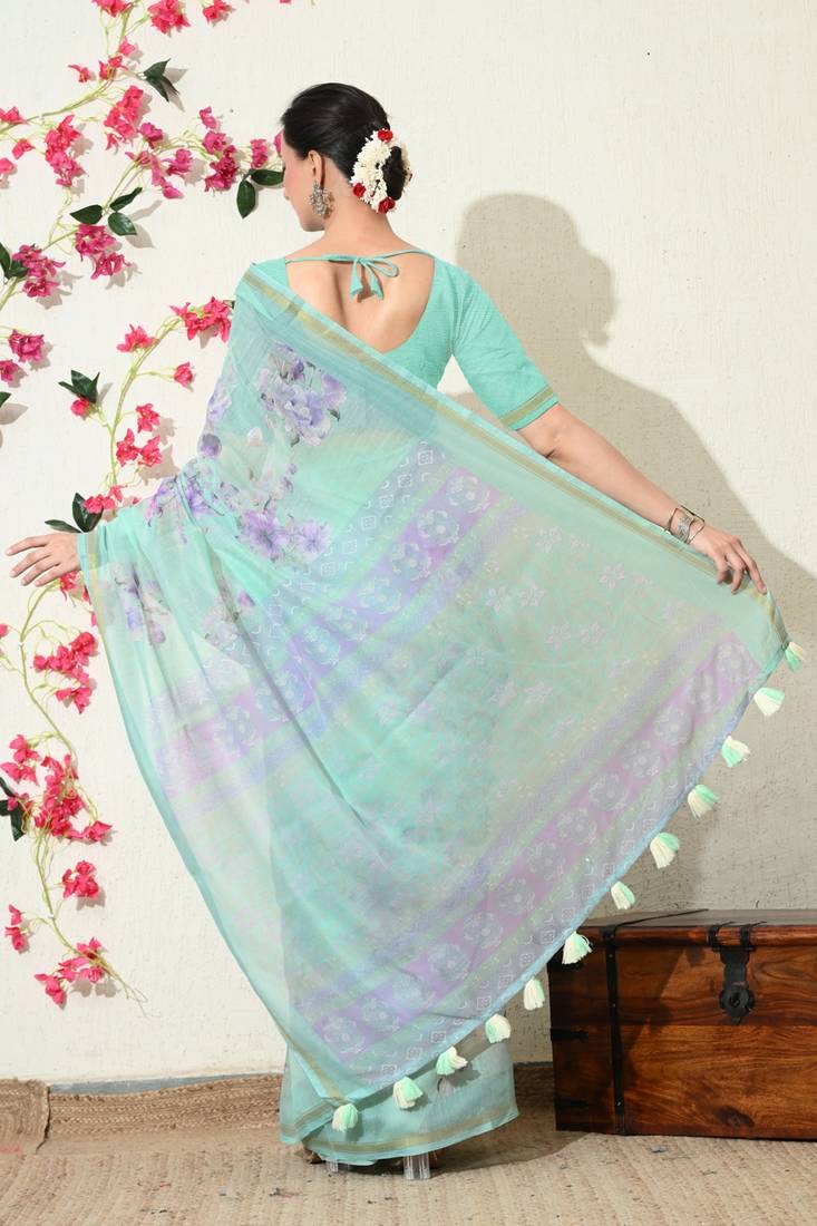 Mirchi fashion women's green floral printed cotton blend saree with unstitched blouse piece