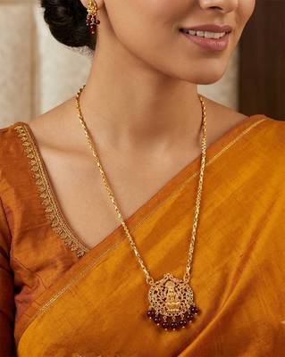 Golden chain Medium length (24") with  Laxmi pendant and onyx beads hangings  one gram gold No.1394 1
