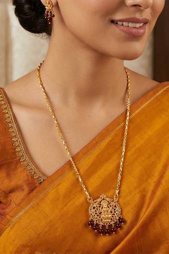 Golden chain Medium length (24") with  Laxmi pendant and onyx beads hangings  one gram gold No.1394