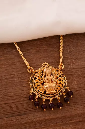 Golden chain Medium length (24") with  Laxmi pendant and onyx beads hangings  one gram gold No.1394