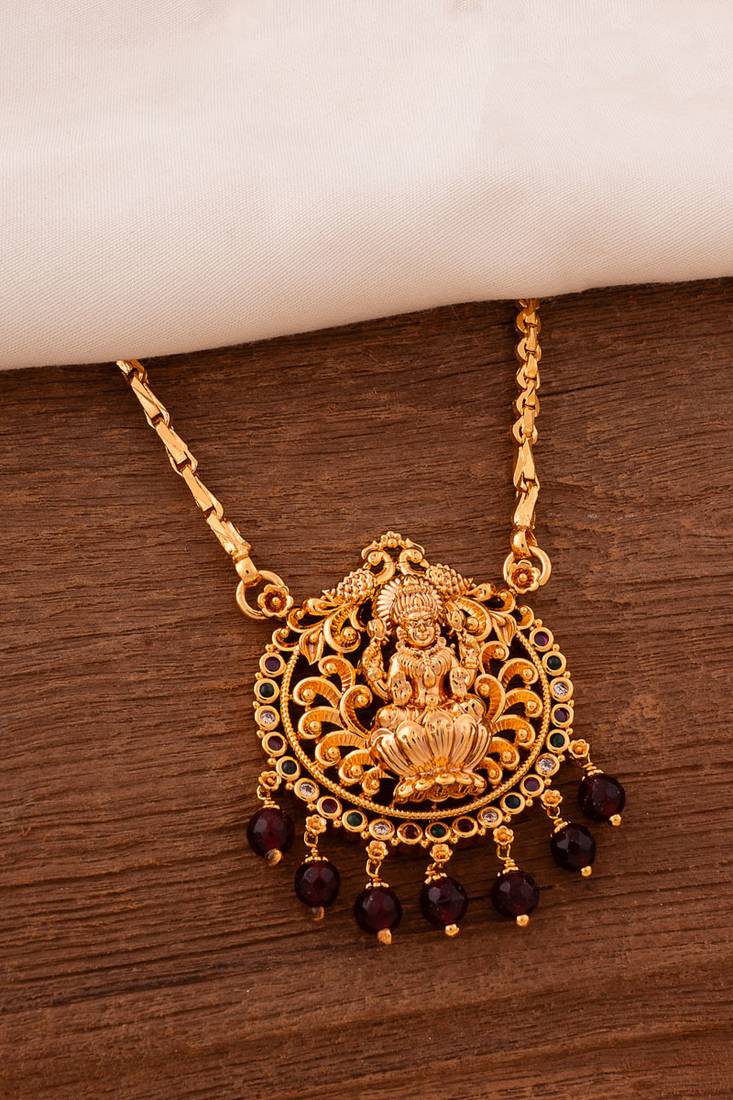 Golden chain Medium length (24") with  Laxmi pendant and onyx beads hangings  one gram gold No.1394