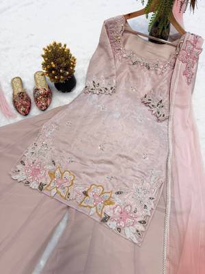 Soft pink hand embroidered palazzo suit with chiffon dupatta 5