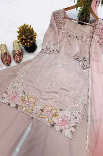 Soft pink hand embroidered palazzo suit with chiffon dupatta