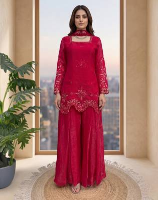 Women's ruby red embroidered palazzo suit set with dupatta 1
