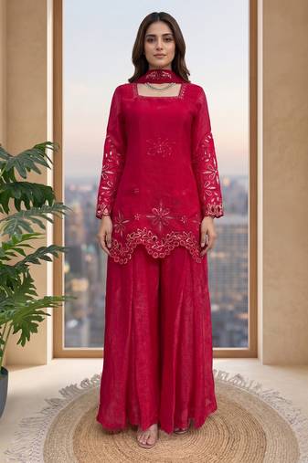 Women's ruby red embroidered palazzo suit set with dupatta