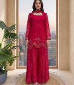 Women's ruby red embroidered palazzo suit set with dupatta